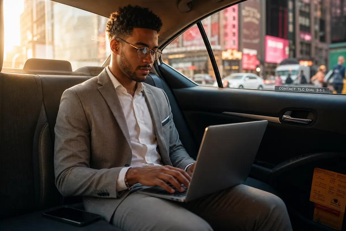 Man in a suit working on his laptop in the back seat of a taxi at sunset in the city