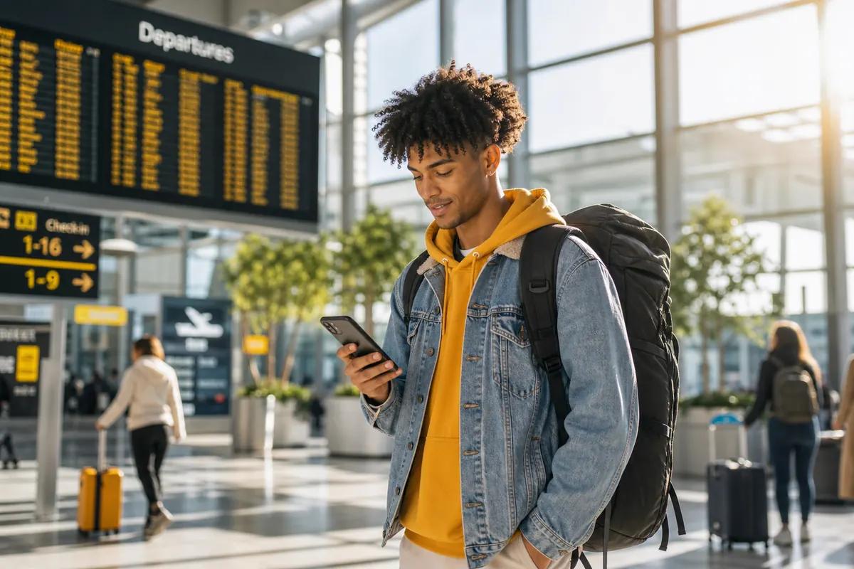 Young backpacker looking at his phone in an airport terminal beneath the departures board