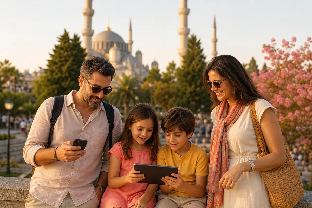 Family of four looking at a tablet and a phone in front of a domed mosque at sunset