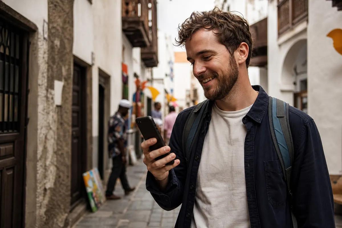 Smiling man reading a message on his smartphone in a narrow whitewashed old-town alley