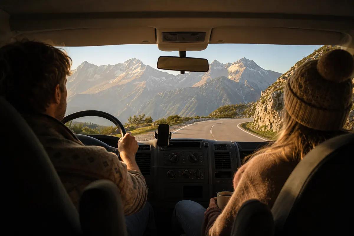 Couple driving a van on a mountain road, seen from inside, phone mounted on the dashboard