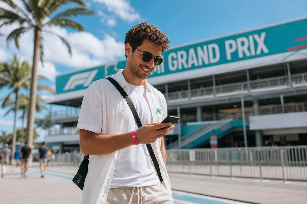 Smiling man checking his smartphone in front of a racetrack grandstand lined with palm trees