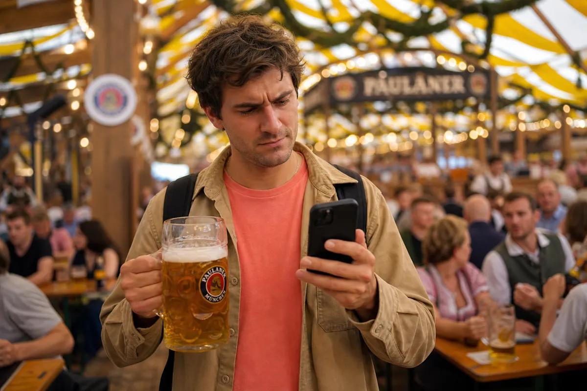 Annoyed man holding a beer stein and looking at his phone inside a Bavarian festival tent