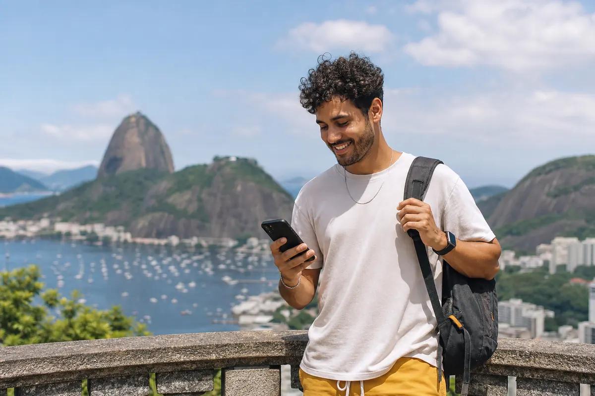 Smiling backpacker using his phone above Rio's bay with Sugarloaf Mountain in the distance