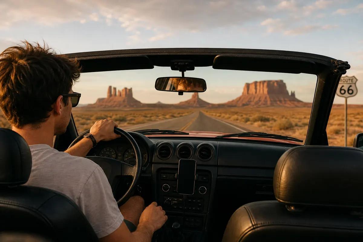 Driver in a convertible on an empty desert highway out west, smartphone mounted on the dash