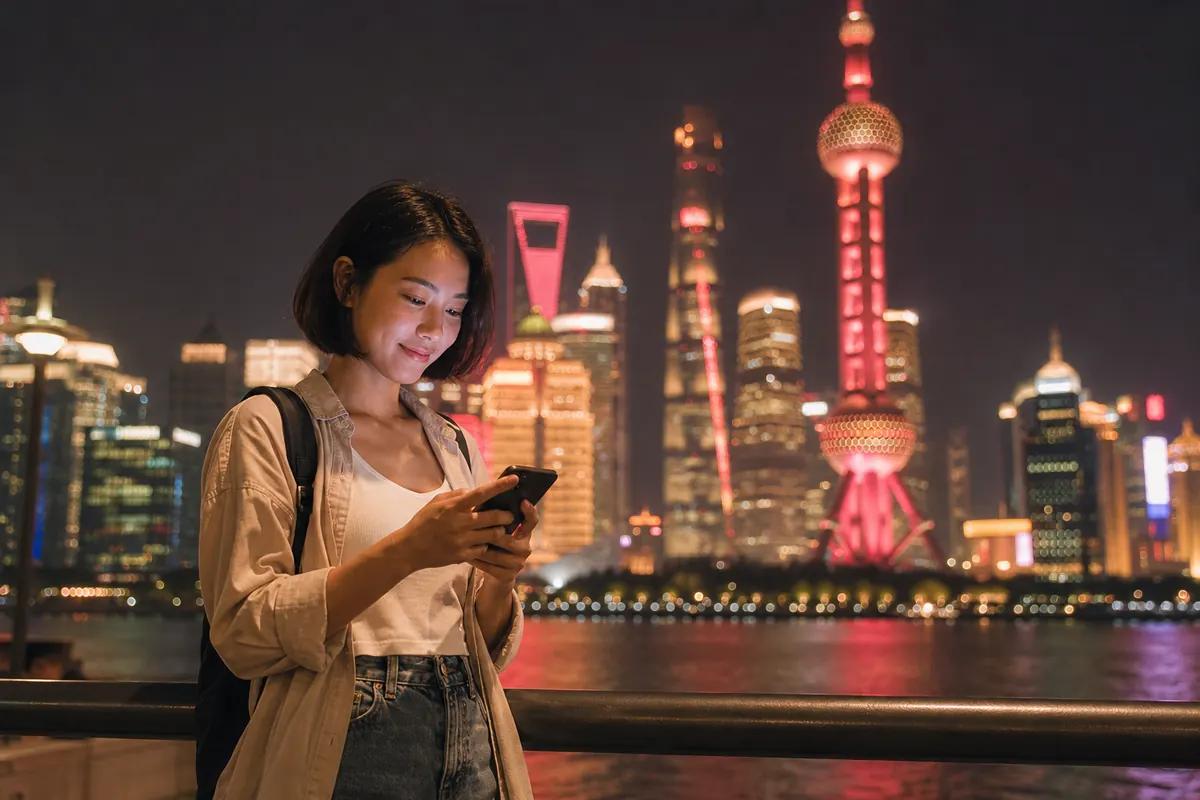 Smiling traveler using her smartphone on a riverside promenade facing an illuminated skyline at night