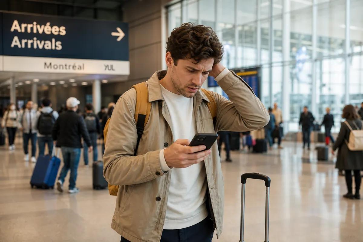 Traveler holding his head while checking his phone under the arrivals sign of a bilingual airport