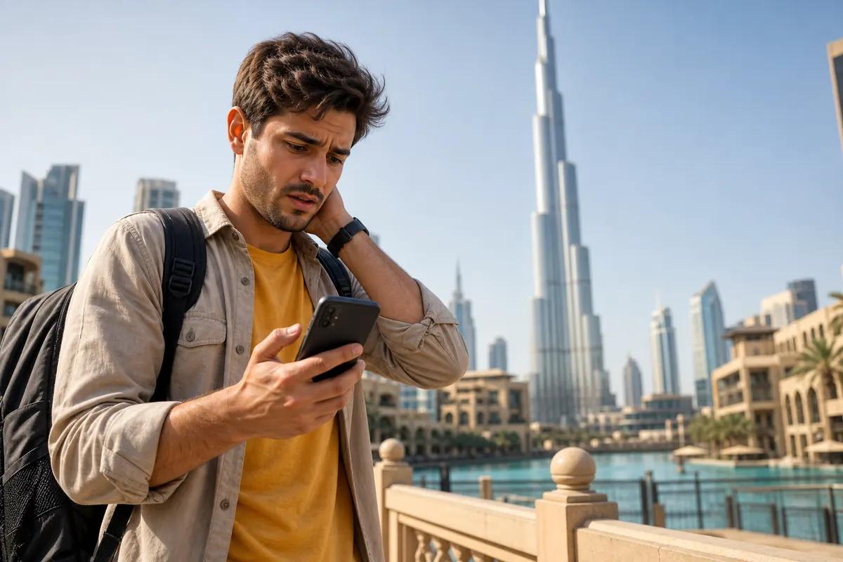 Concerned traveler checking his smartphone in front of Dubai's skyscrapers and waterfront