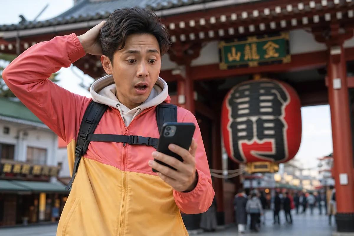 Stunned traveler staring at his phone beneath a Japanese temple gate with a large red lantern