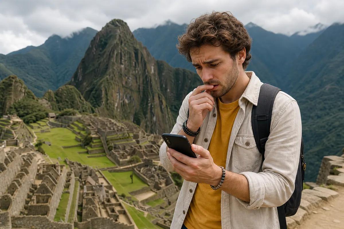 Worried hiker staring at his smartphone above a terraced Inca site ringed by green mountains