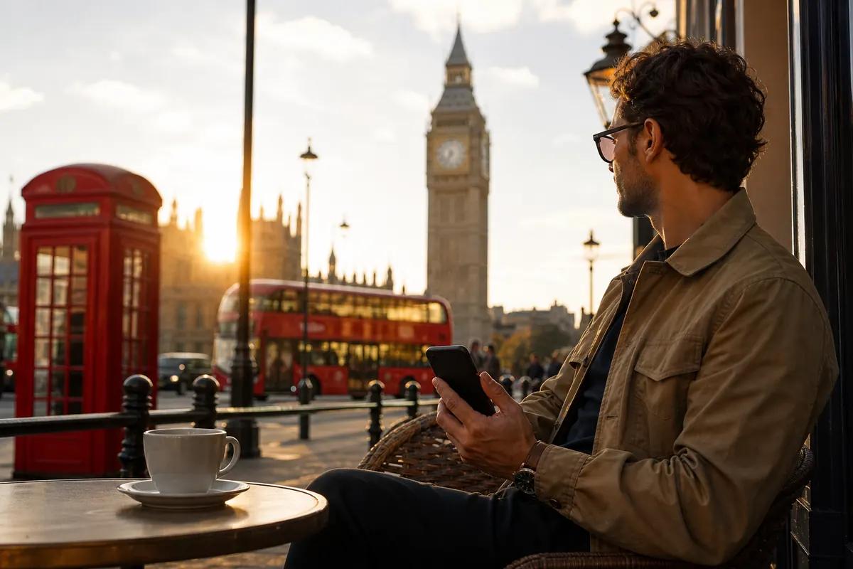 Traveler at a café terrace, phone in hand, facing a red phone box and a double-decker bus at sunset