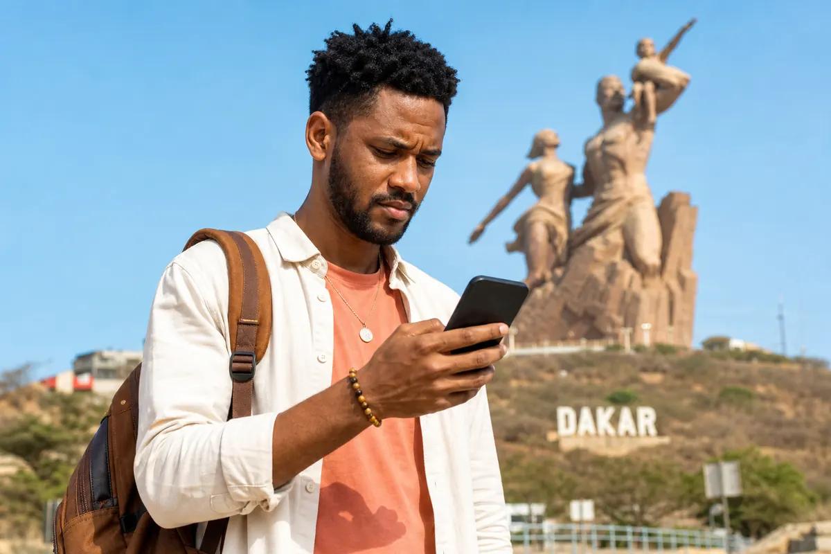 Frustrated traveler looking at his phone with the African Renaissance Monument in Dakar behind him