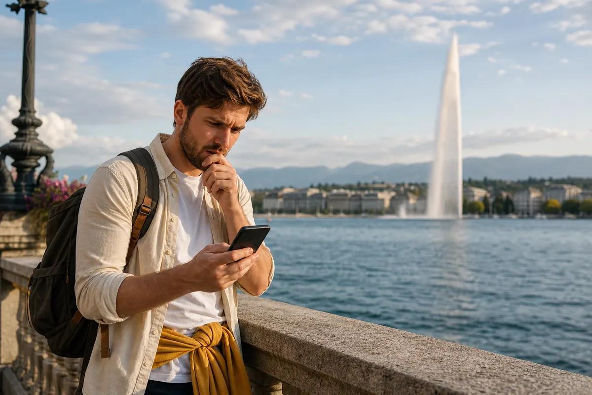 Concerned traveler checking his phone along a lakeside promenade with a tall water jet behind