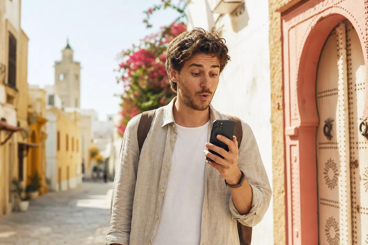 Surprised man staring at his phone in a whitewashed alley with a studded pink door and a minaret