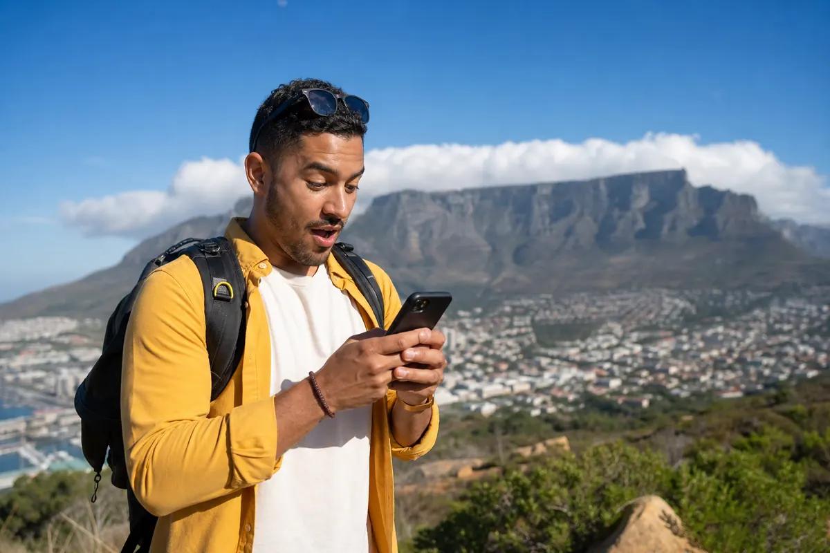 Stunned hiker looking at his smartphone on a ridge overlooking a city and a flat-topped mountain