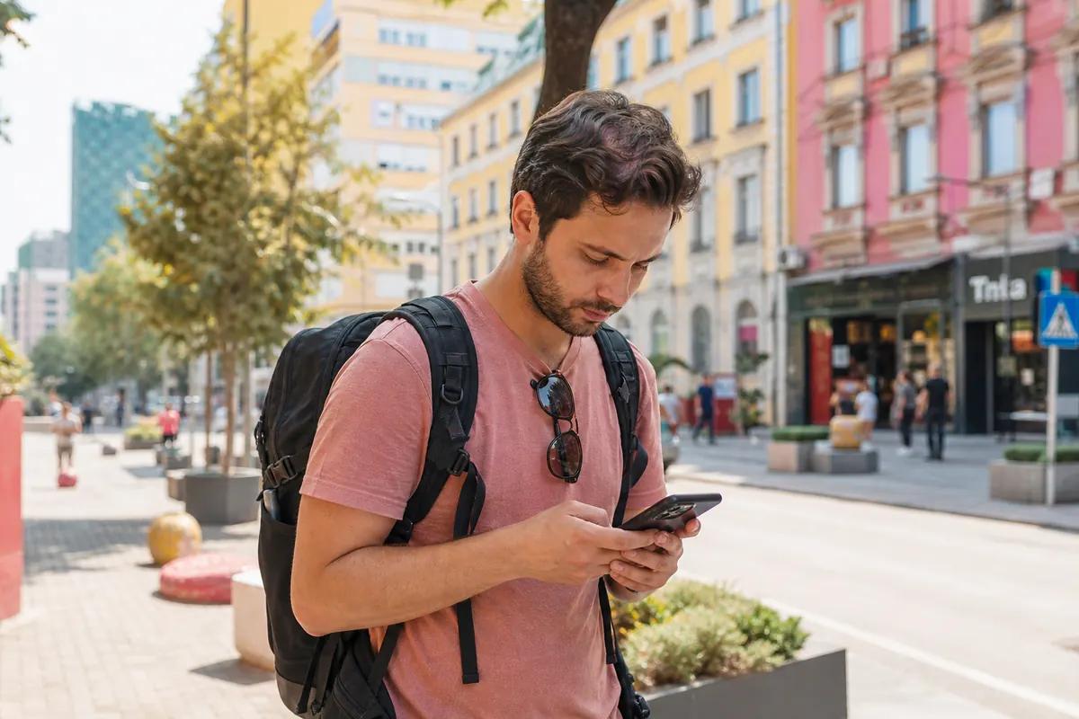 Backpacker checking his smartphone on a sunny city street lined with colorful facades