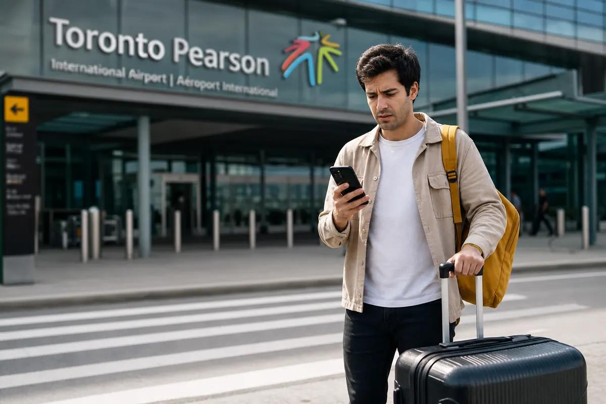 Traveler with a suitcase checking his smartphone outside the Toronto Pearson airport entrance