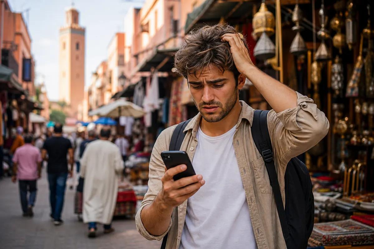 Frustrated traveler scratching his head at his phone in a crowded Moroccan souk alley