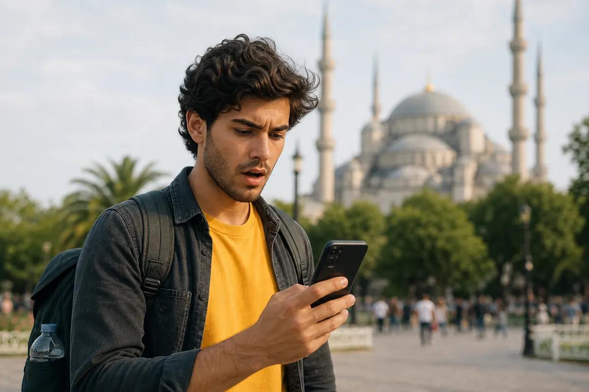 Young traveler gaping at his smartphone, a domed mosque with minarets rising behind him