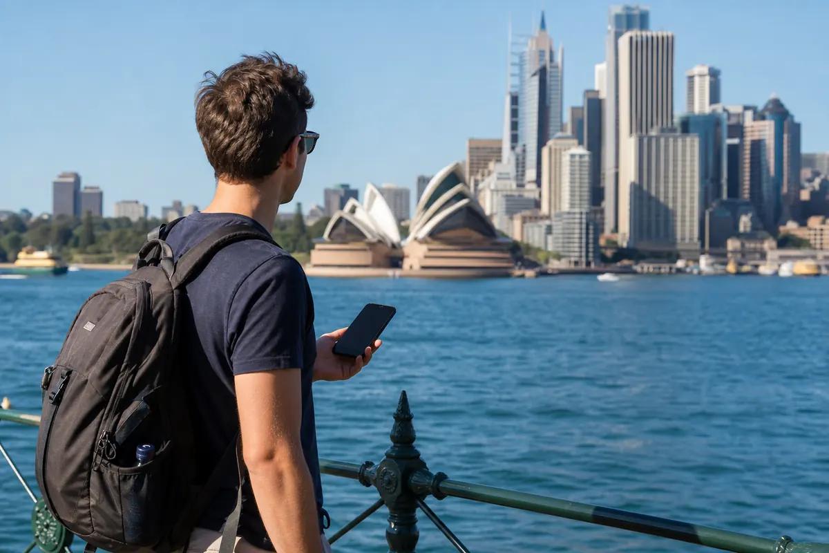 Backpacker seen from behind holding a phone while looking over Sydney harbour and its opera house