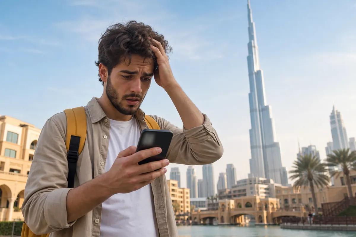Dismayed backpacker staring at his phone below the Dubai skyline and its tallest tower