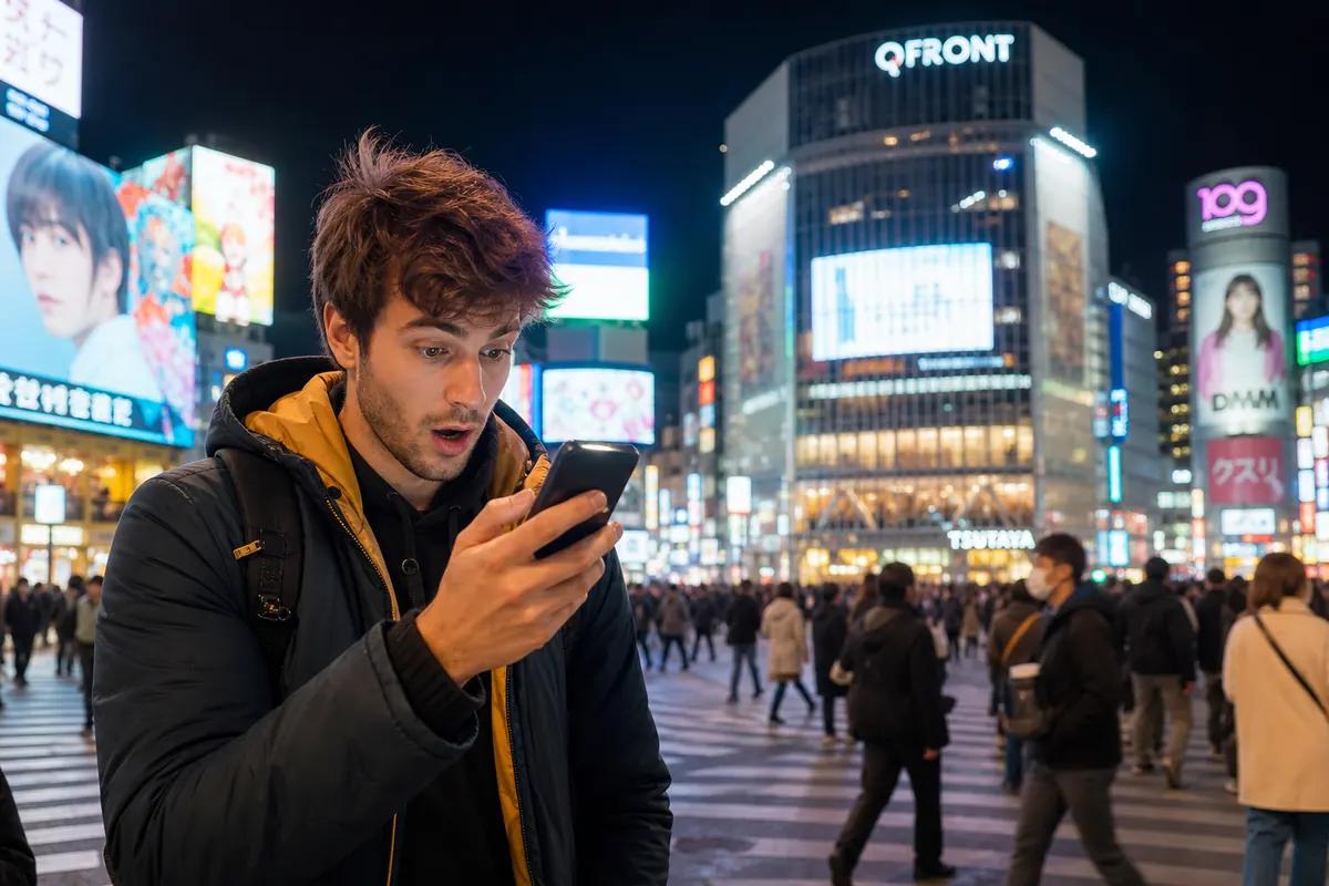 Startled traveler staring at his phone at the neon-lit Shibuya crossing in Tokyo at night