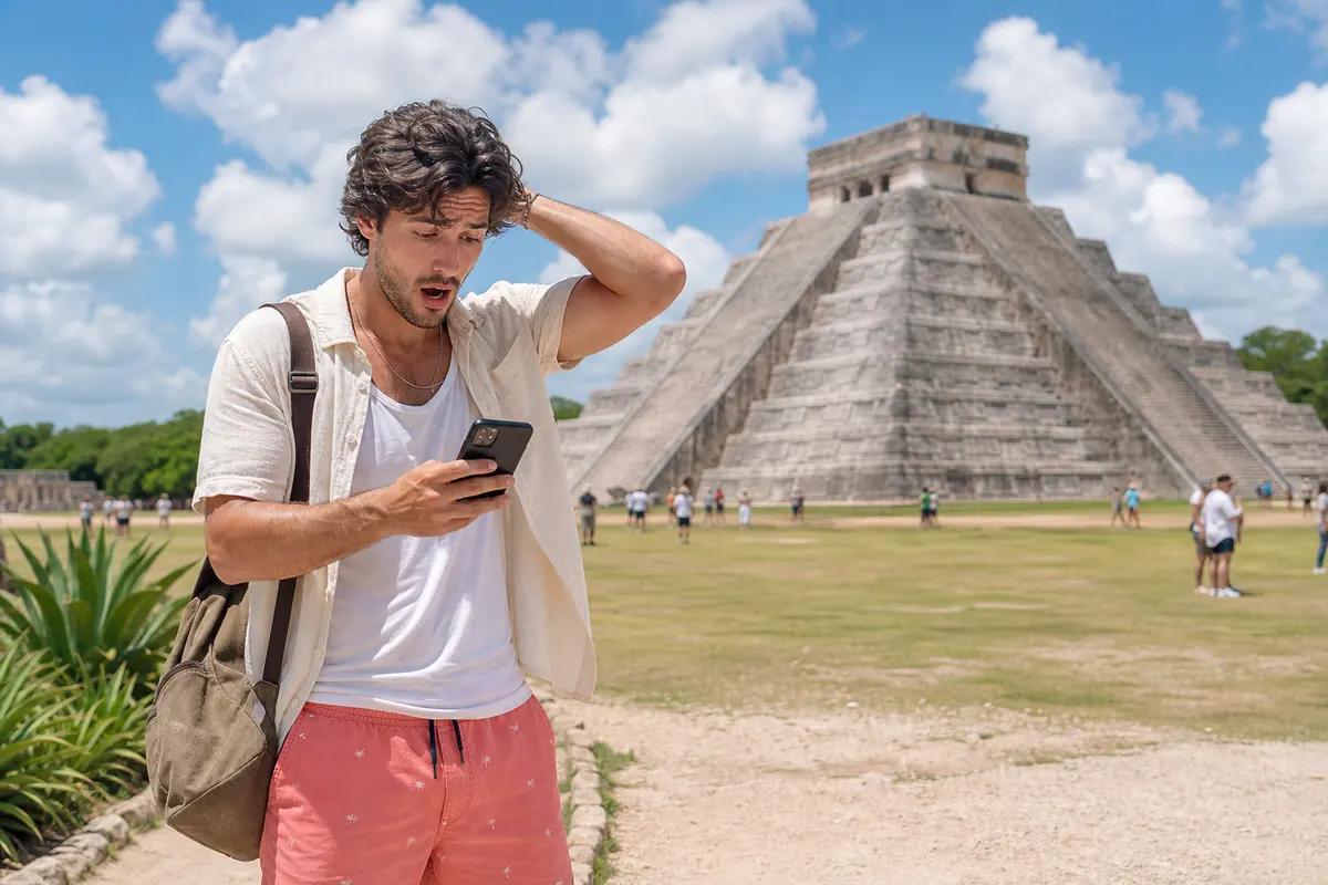 Shocked traveler checking his phone in front of the Mayan pyramid at Chichen Itza in Mexico