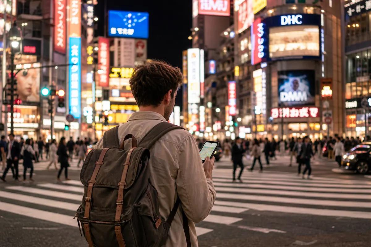 Backpacker checking a map on his smartphone at a neon-lit Tokyo street crossing at night