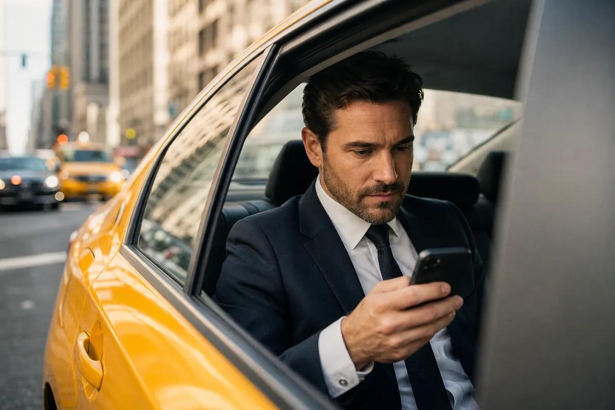 Businessman checking his phone in the back of a yellow cab on a busy New York avenue
