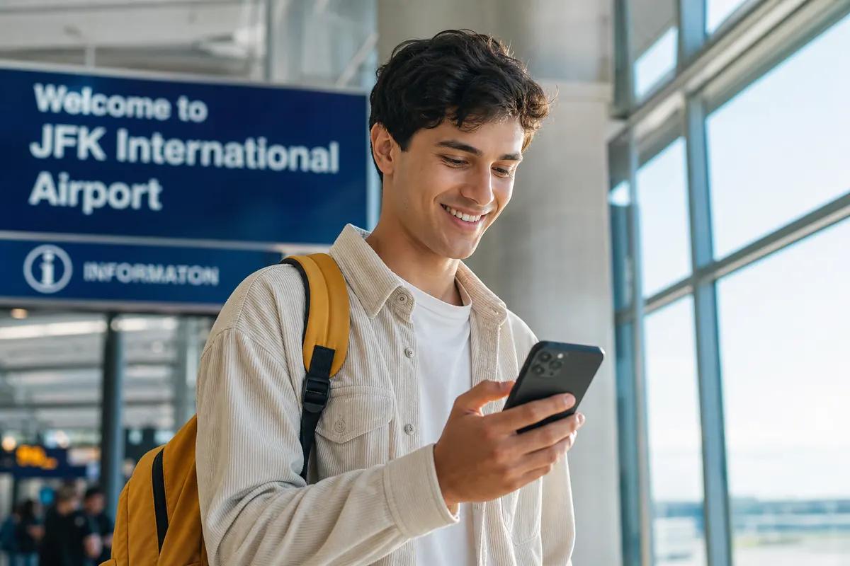 Young traveler smiling at his smartphone beneath an international airport welcome sign