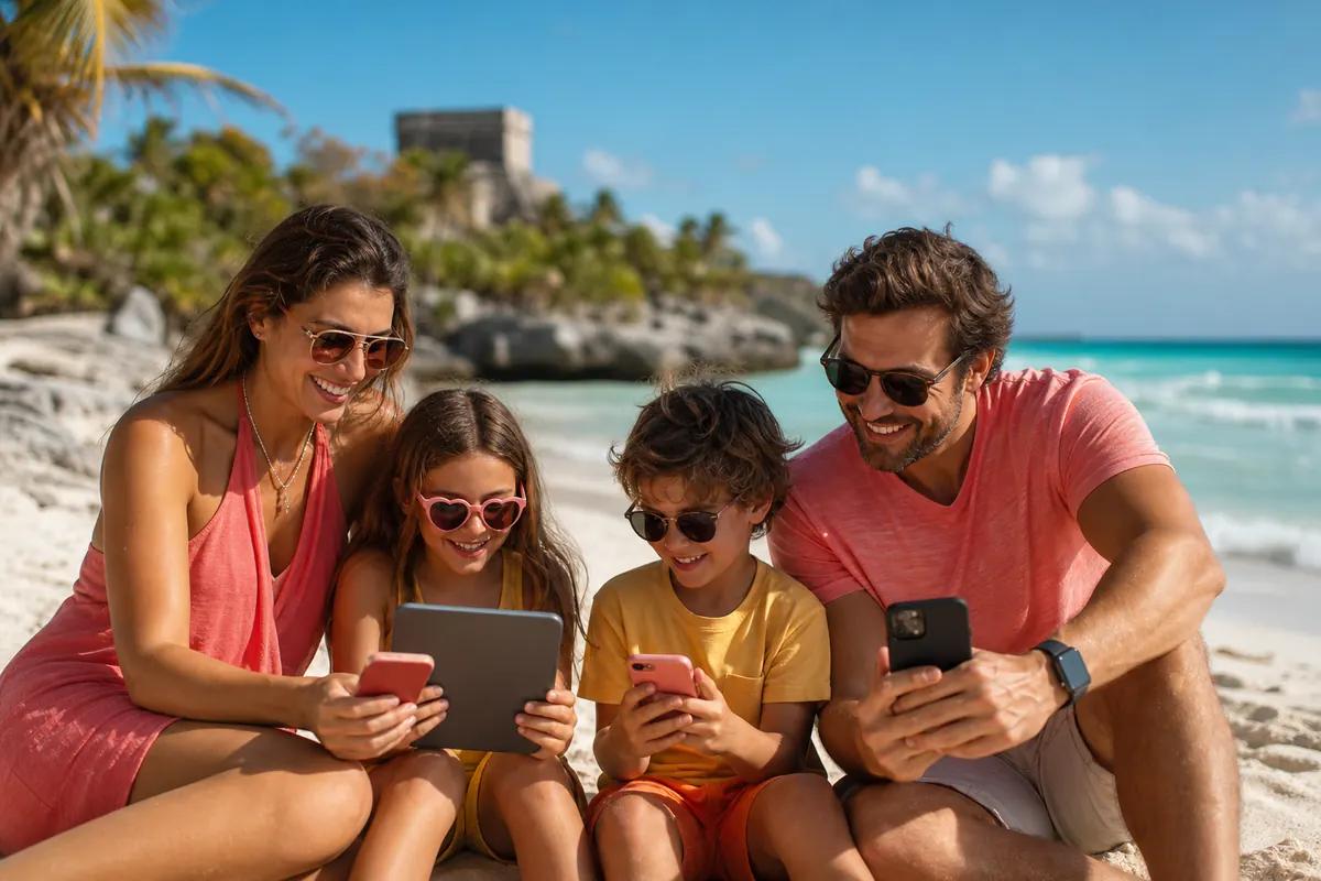 Family sitting on a Mexican beach with phones and a tablet, Mayan ruins in the background