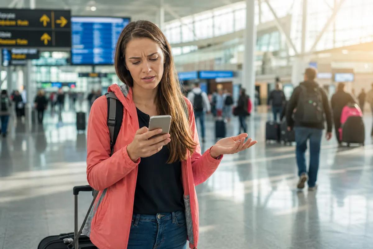 Confused traveler staring at her phone screen in a crowded airport hall, suitcase in hand