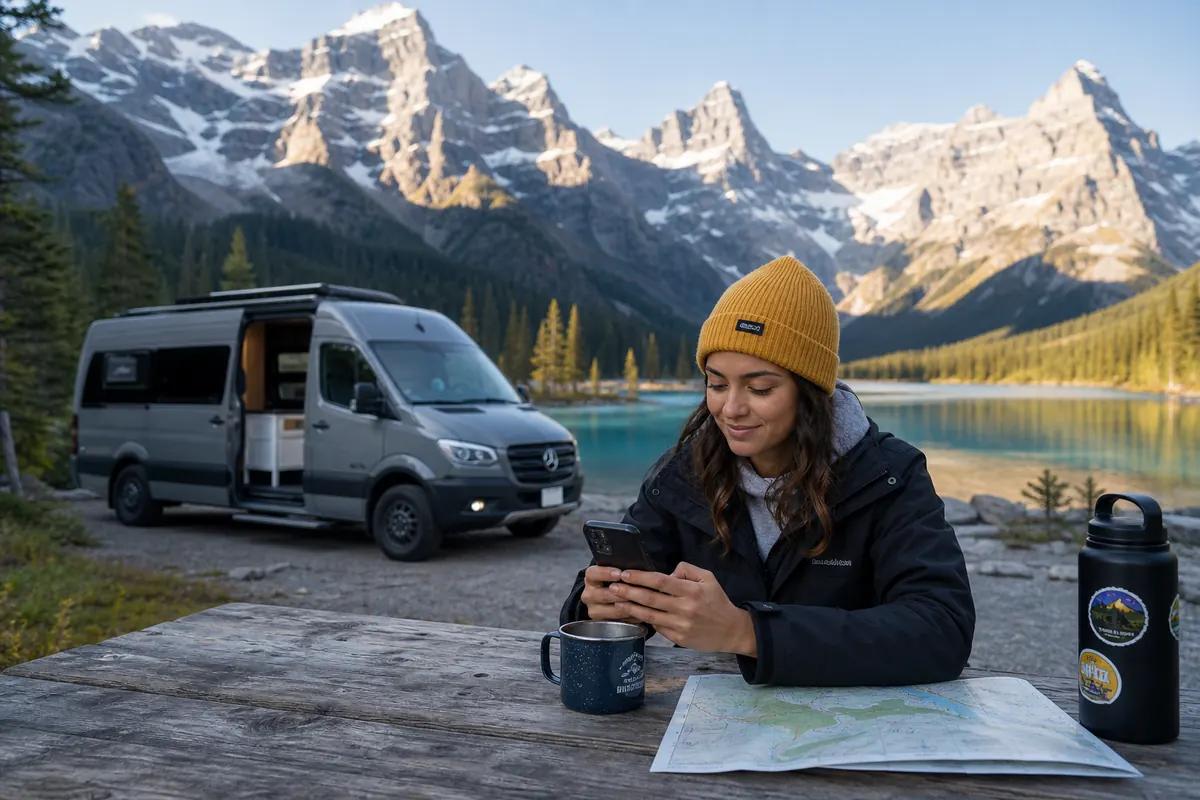 Woman in a beanie using her phone at a picnic table beside a camper van and a turquoise mountain lake