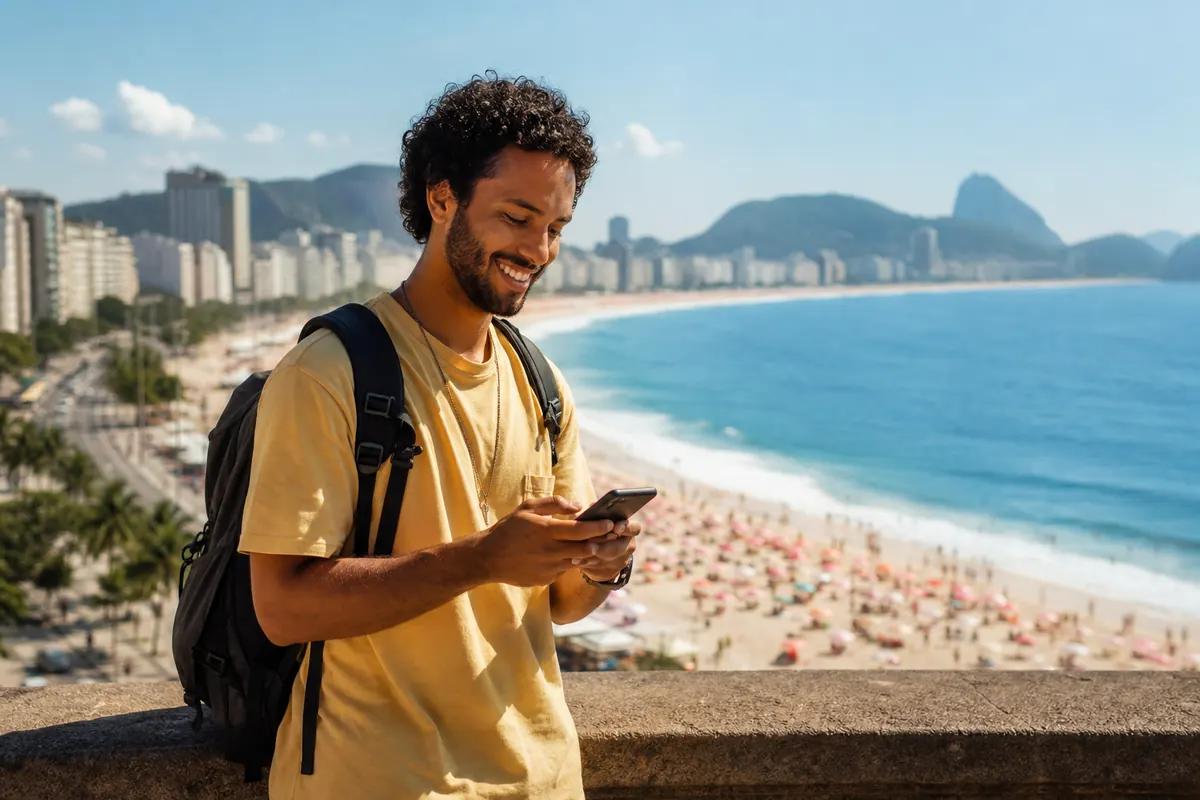 Smiling traveler tapping on his phone overlooking a wide city beach framed by mountains