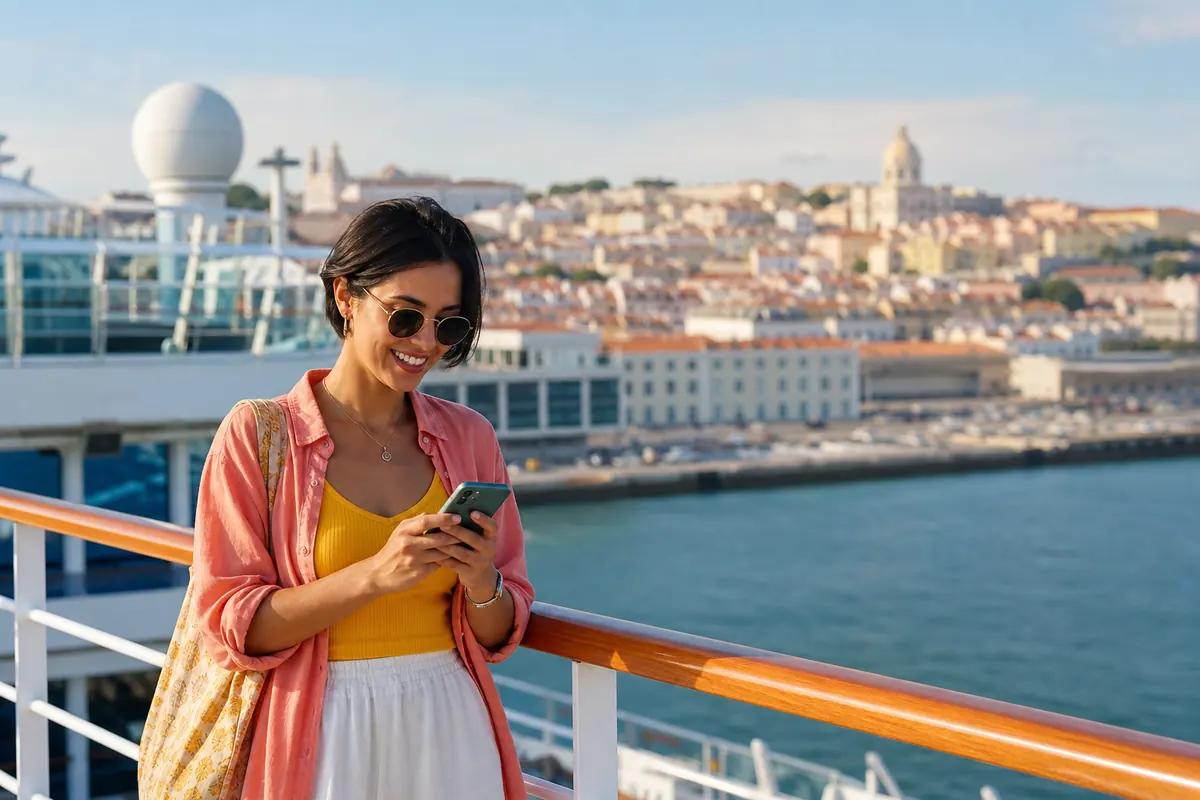 Smiling cruise passenger using her smartphone on deck as the ship approaches a coastal city