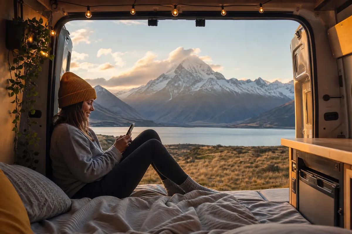 Woman in a beanie using her smartphone on the bed of an open camper van facing a lake and snowy peak