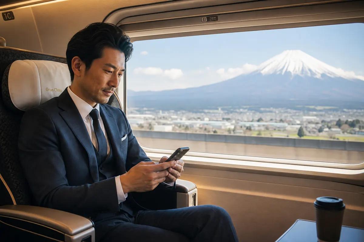 Businessman using his smartphone aboard a high-speed train, a snow-capped mountain out the window