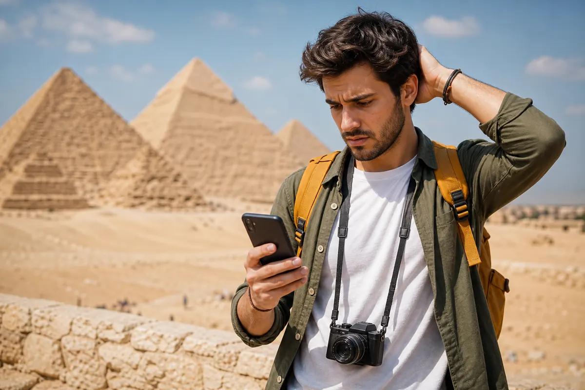 Tourist with a camera around his neck grimacing at his phone in front of the pyramids