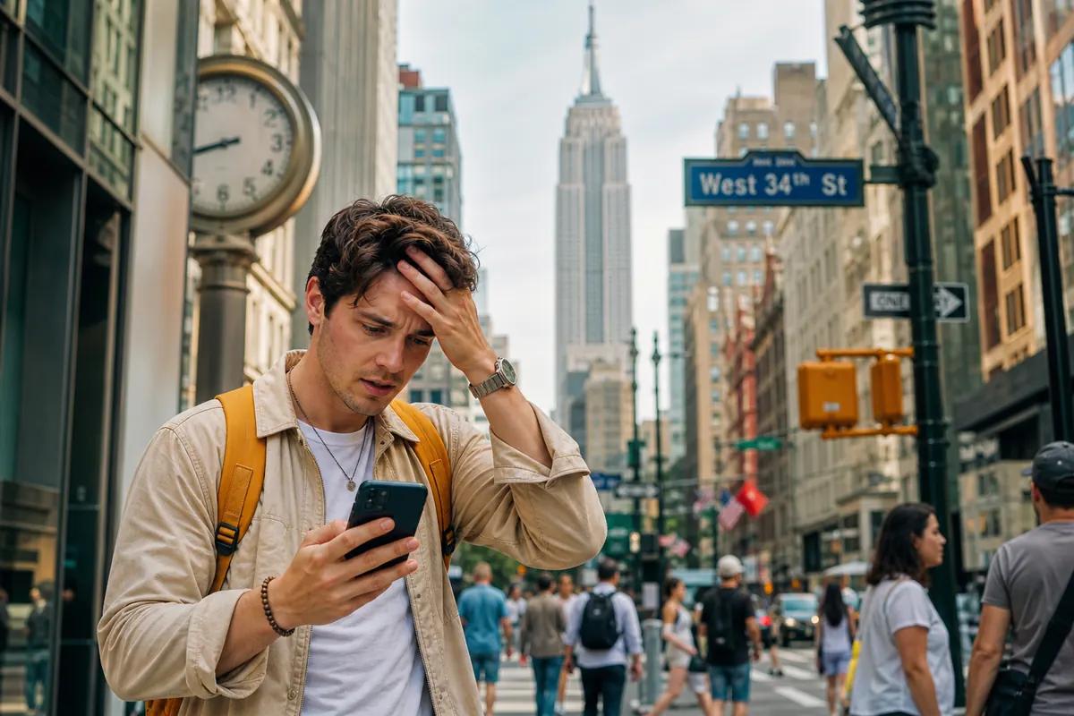 Dismayed traveler holding his head while looking at his phone on a busy Manhattan street