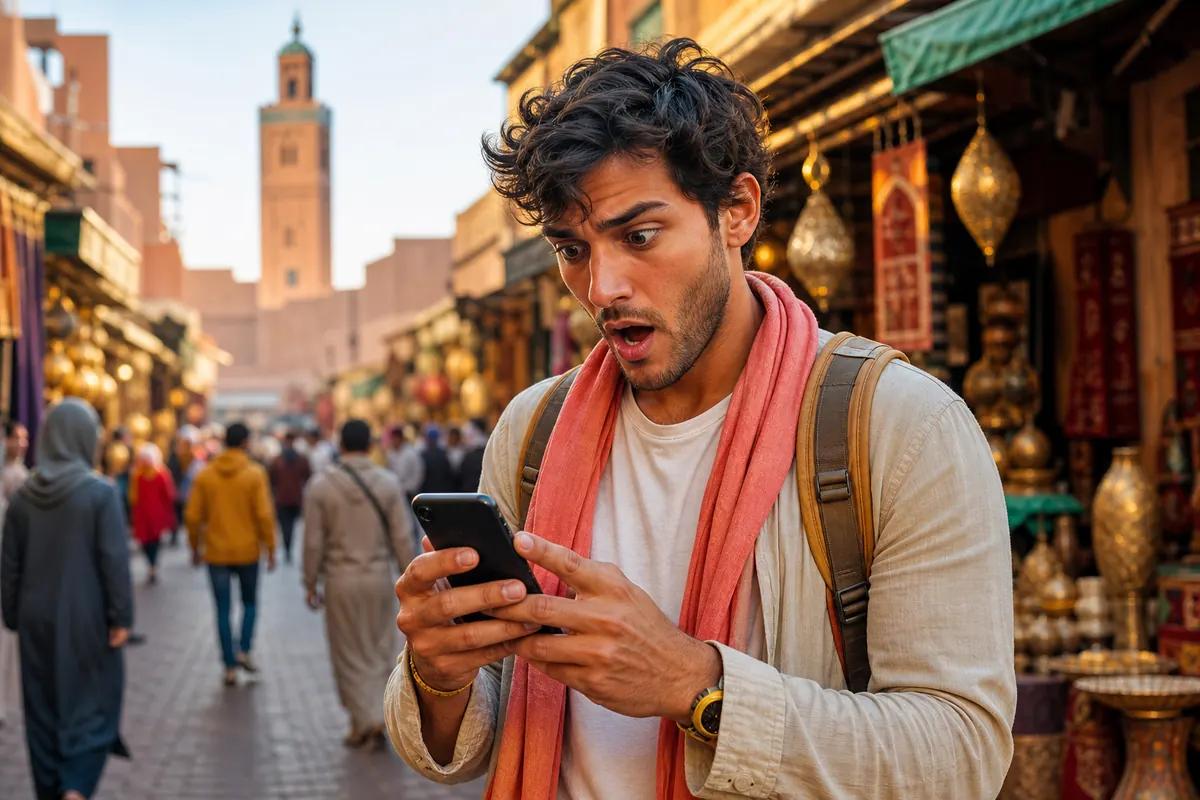 Stunned traveler staring at his phone in a Moroccan souk lined with brass lanterns