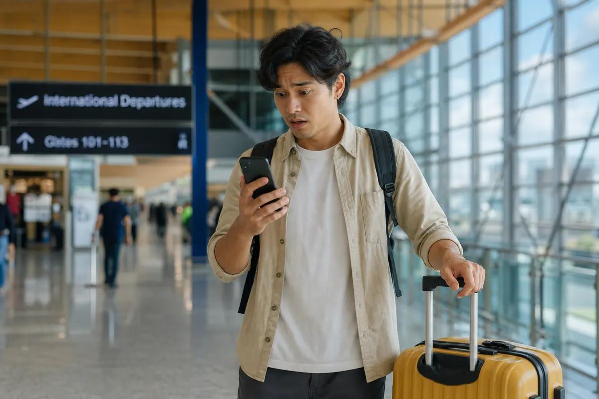 Shocked traveler looking at his smartphone in an airport terminal, yellow suitcase in hand
