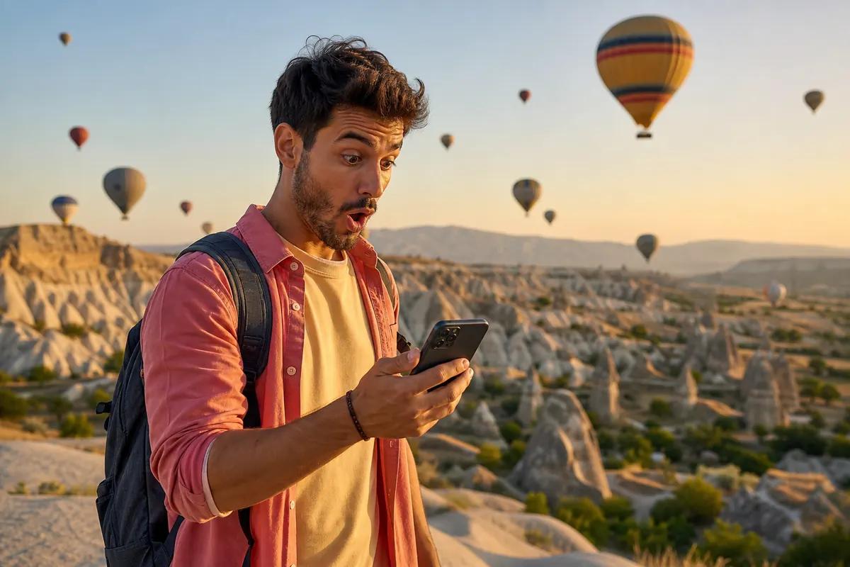 Voyageur bouche bée devant son smartphone au lever du jour, montgolfières au-dessus de la Cappadoce