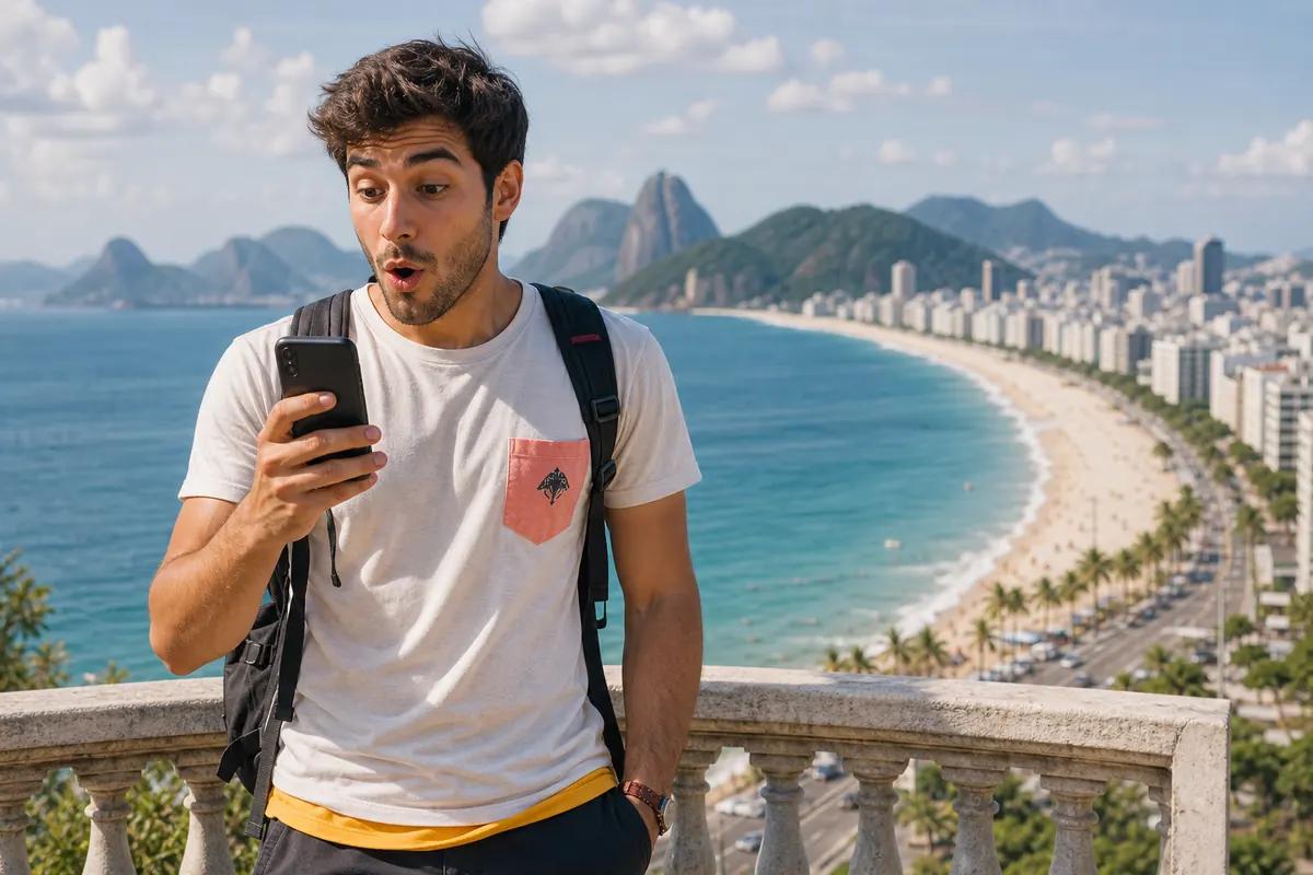 Traveler stunned by what he sees on his phone screen, a curved beach and bay stretching behind him