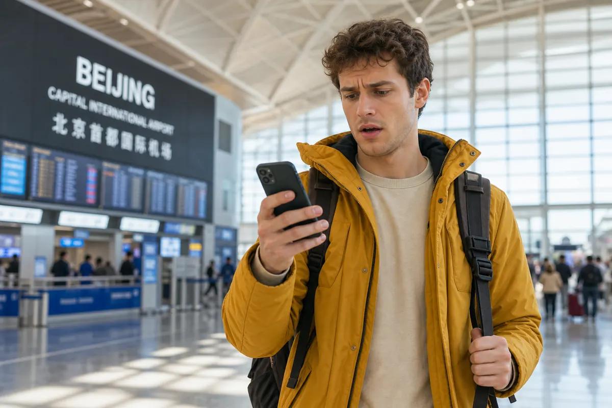 Stunned traveler staring at his phone in an airport terminal, flight boards behind him