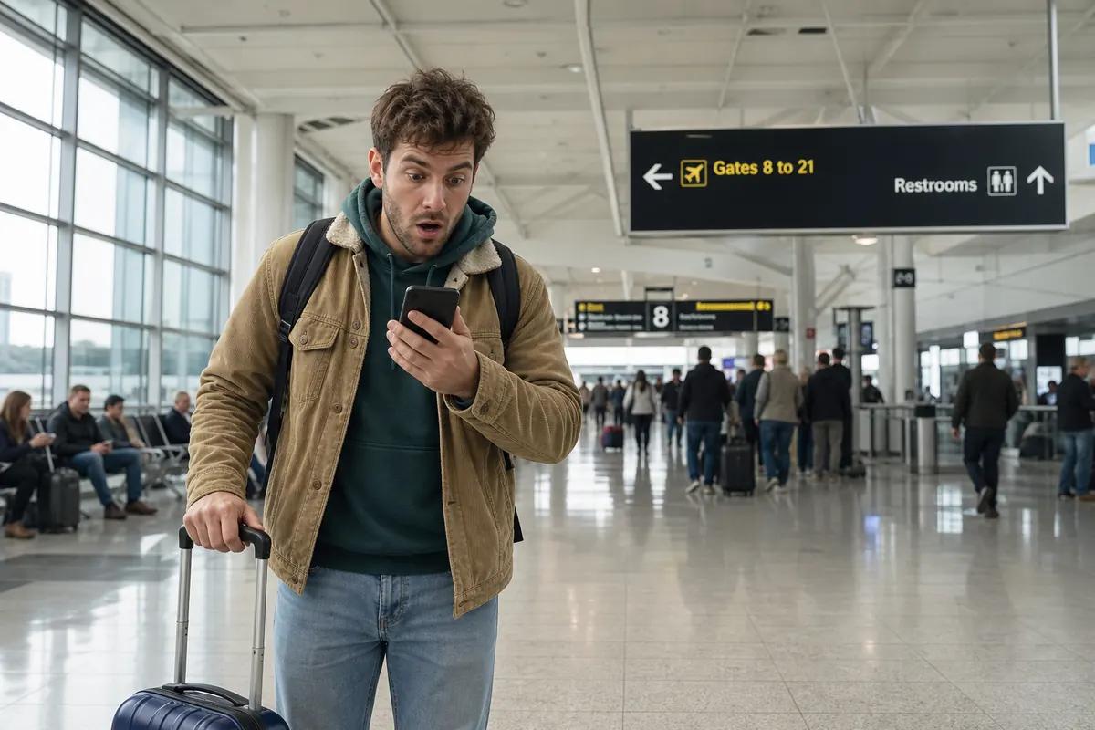 Astonished traveler looking at his smartphone in a terminal, suitcase in hand under gate signage