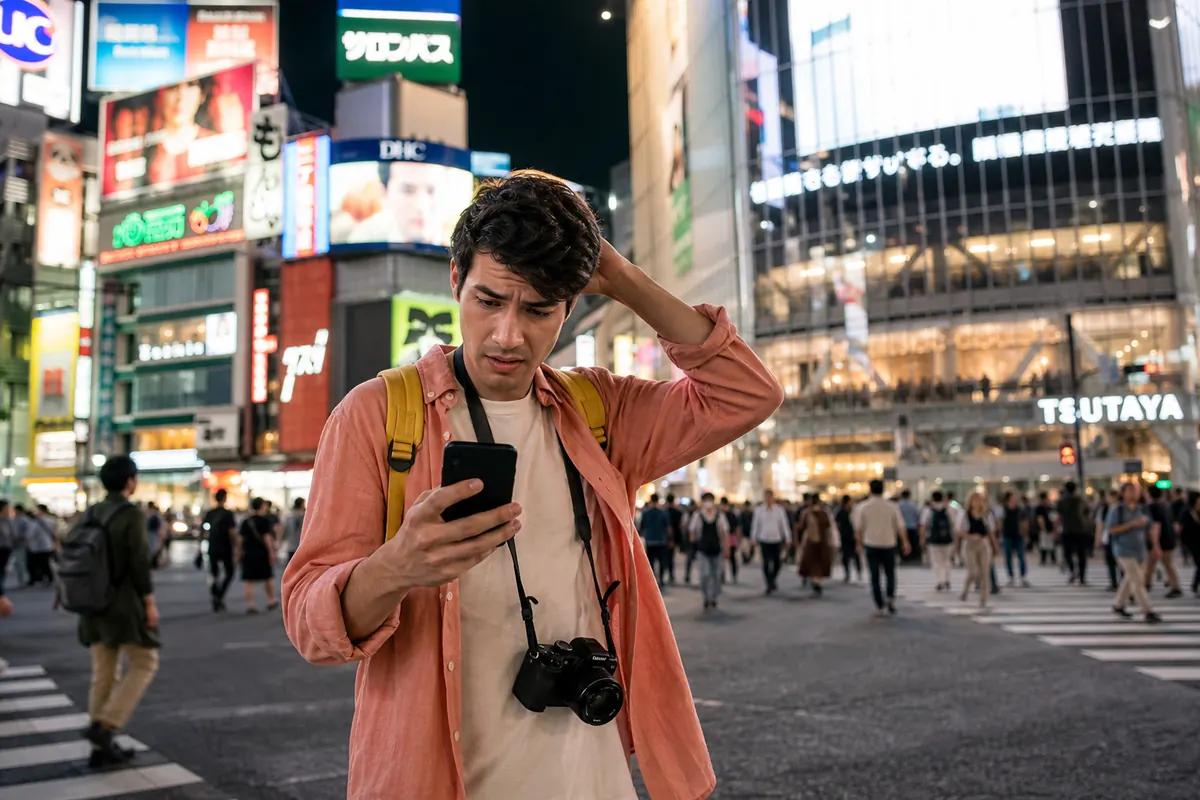 Dismayed traveler checking his phone in the middle of a neon-lit Tokyo crossing at night