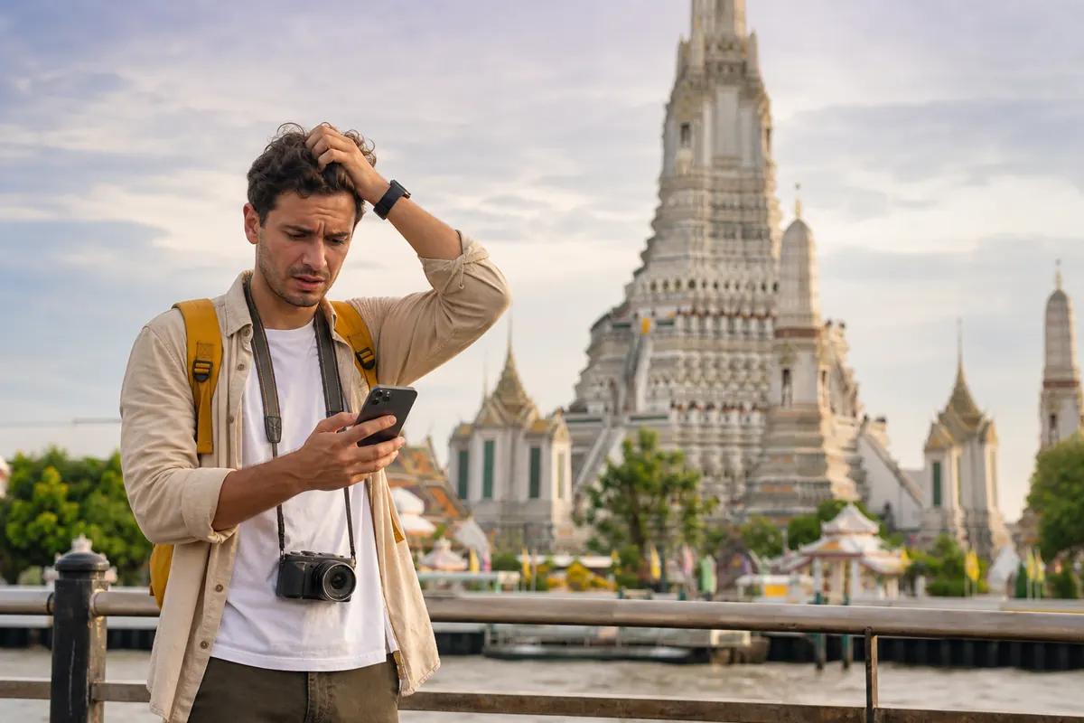 Traveler with a camera scratching his head over his phone, a white temple across the river behind him