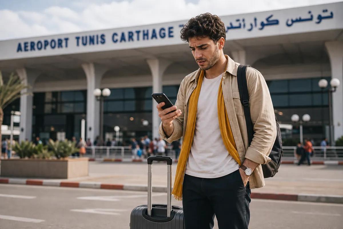 Puzzled traveler with a suitcase looking at his smartphone outside Tunis-Carthage airport