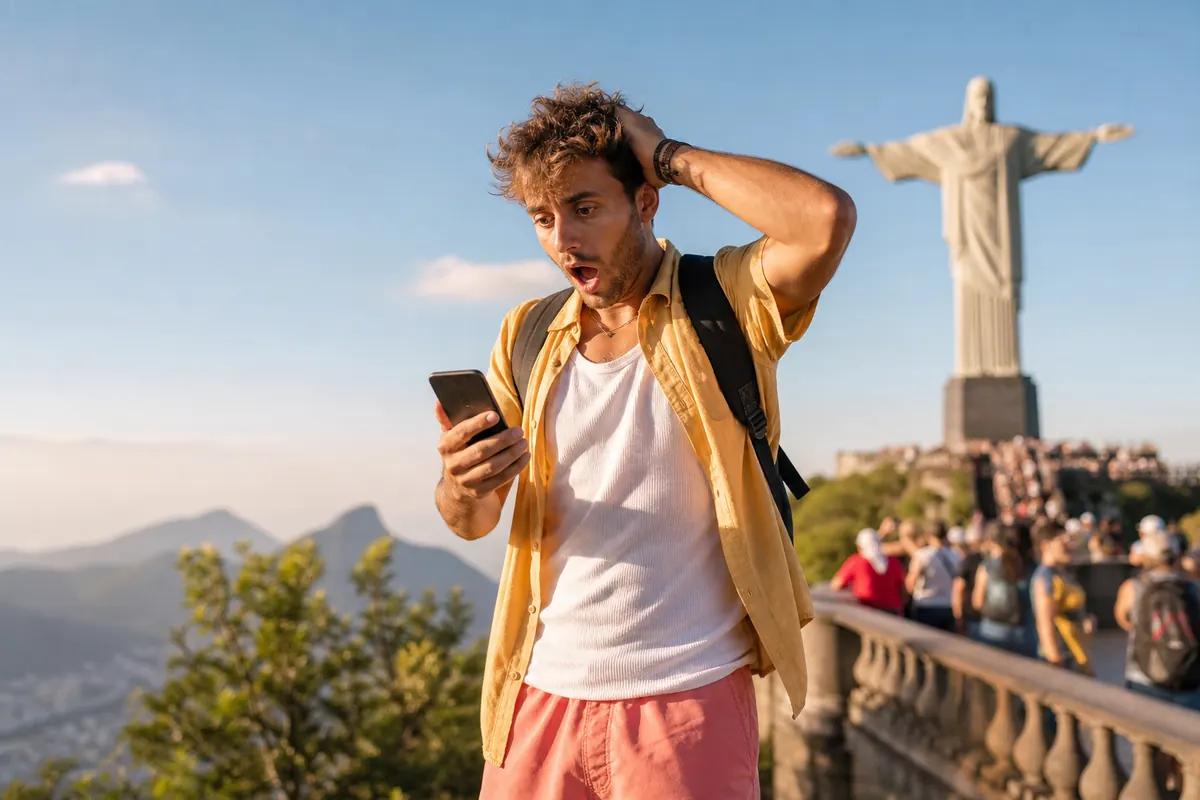 Astonished traveler staring at his phone on the Christ the Redeemer viewpoint in Rio