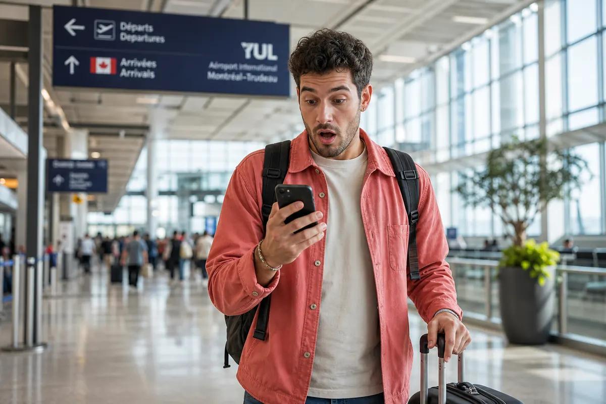 Shocked traveler staring at his phone under the signage of a Canadian airport, suitcase in hand
